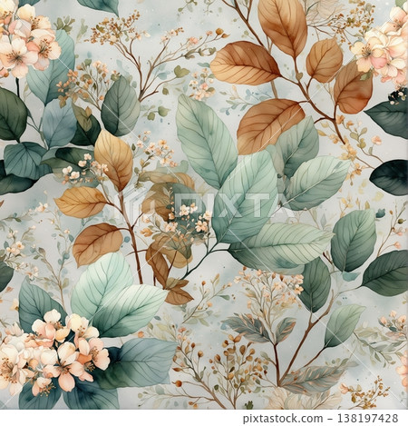 watercolor painting of leaf and flowers 138197428