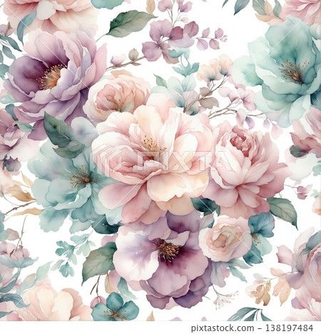 watercolor painting of leaf and flowers pattern watercolor painting of leaf and flowers pattern 138197484
