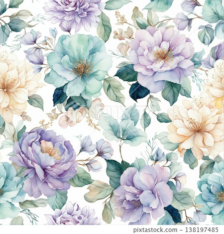 watercolor painting of leaf and flowers pattern watercolor painting of leaf and flowers pattern 138197485