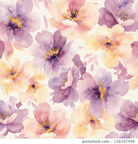 watercolor painting of leaf and flowers pattern watercolor painting of leaf and flowers pattern 138197499