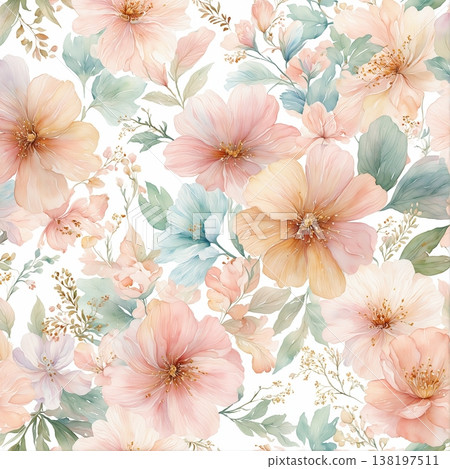 watercolor painting of leaf and flowers pattern watercolor painting of leaf and flowers pattern 138197511
