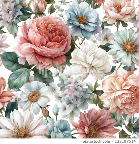 watercolor painting of leaf and flowers pattern watercolor painting of leaf and flowers pattern 138197514