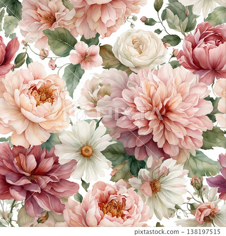 watercolor painting of leaf and flowers pattern 138197515