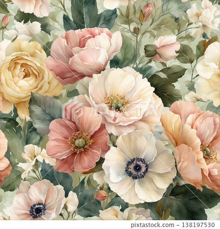 watercolor painting of leaf and flowers pattern 138197530