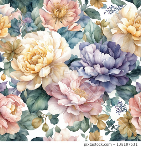 watercolor painting of leaf and flowers pattern watercolor painting of leaf and flowers pattern 138197531