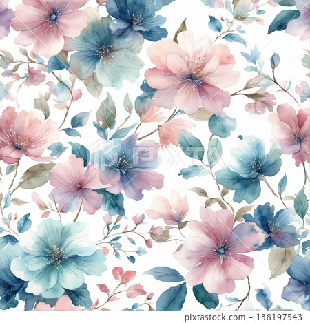 watercolor painting of leaf and flowers pattern watercolor painting of leaf and flowers pattern 138197543