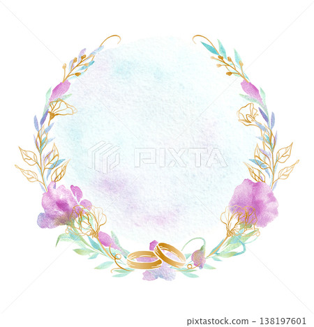 A delicate watercolor floral wreath. A template with text space for wedding cards, invitations, and banners. 138197601