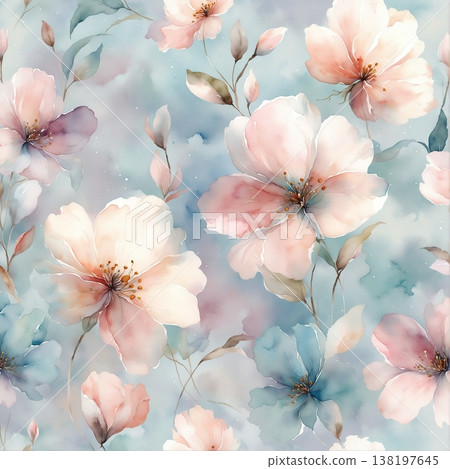 watercolor painting of leaf and flowers pattern 138197645