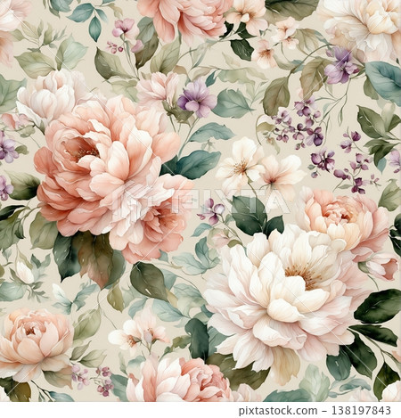 watercolor painting of leaf and flowers pattern watercolor painting of leaf and flowers pattern 138197843
