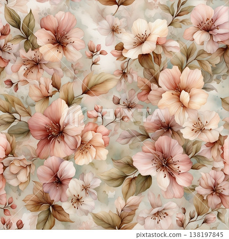 watercolor painting of leaf and flowers pattern 138197845