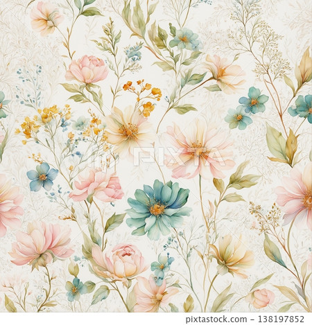 watercolor painting of leaf and flowers pattern 138197852