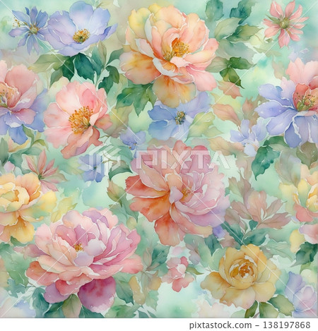watercolor painting of leaf and flowers pattern watercolor painting of leaf and flowers pattern 138197868