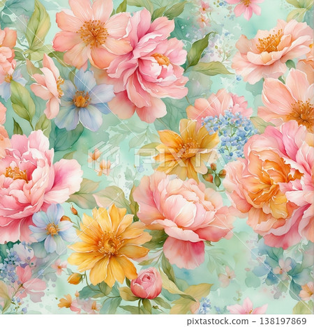 watercolor painting of leaf and flowers pattern watercolor painting of leaf and flowers pattern 138197869