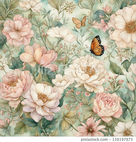 watercolor painting of leaf and flowers pattern 138197873