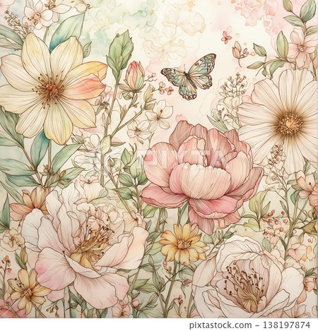 watercolor painting of leaf and flowers pattern watercolor painting of leaf and flowers pattern 138197874