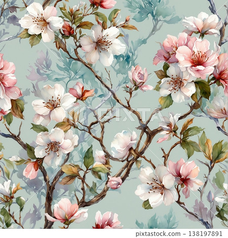 watercolor painting of leaf and flowers pattern 138197891