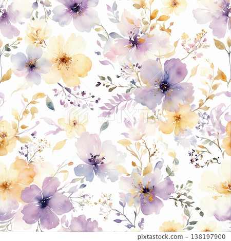 watercolor painting of leaf and flowers pattern 138197900