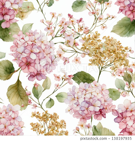 watercolor painting of leaf and flowers pattern 138197935