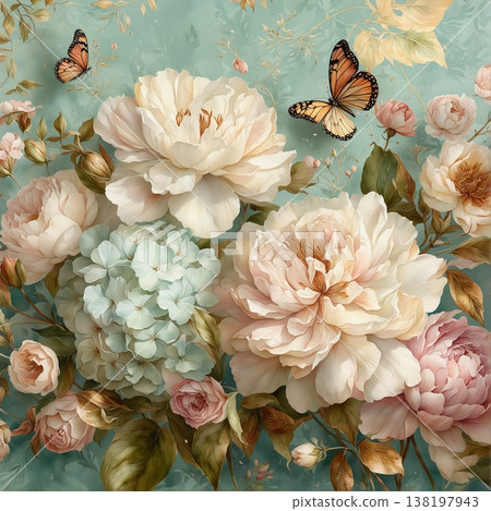 watercolor painting of leaf and flowers pattern 138197943