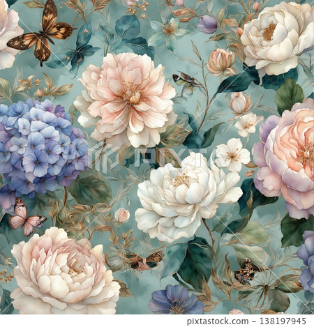 watercolor painting of leaf and flowers pattern watercolor painting of leaf and flowers pattern 138197945