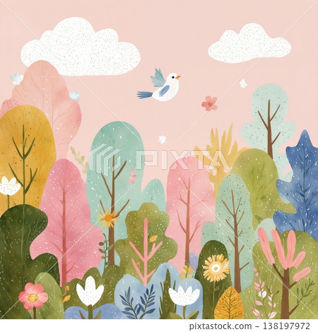 watercolor painting of leaf and flowers pattern 138197972