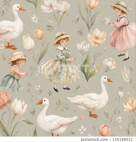 watercolor painting of leaf and flowers pattern 138198012