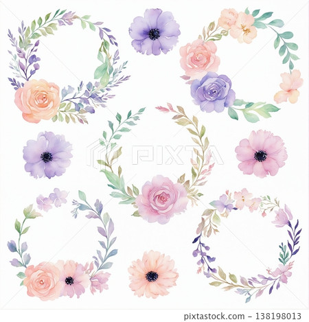 watercolor painting of leaf and flowers pattern 138198013
