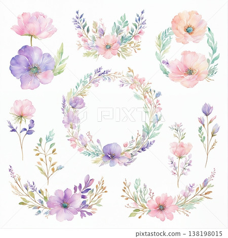 watercolor painting of leaf and flowers pattern 138198015