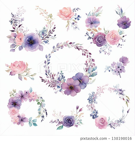 watercolor painting of leaf and flowers pattern 138198016