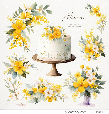 watercolor painting of leaf and flowers pattern 138198036