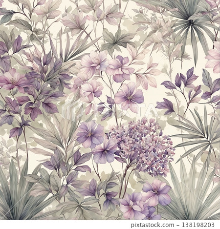 watercolor painting of leaf and flowers pattern 138198203