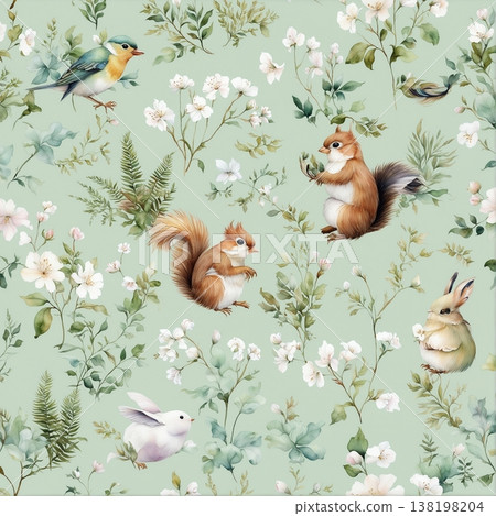 watercolor painting of leaf and flowers pattern 138198204