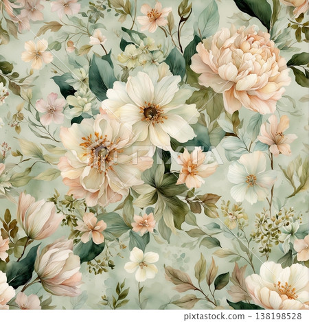 watercolor painting of leaves and flower pattern 138198528