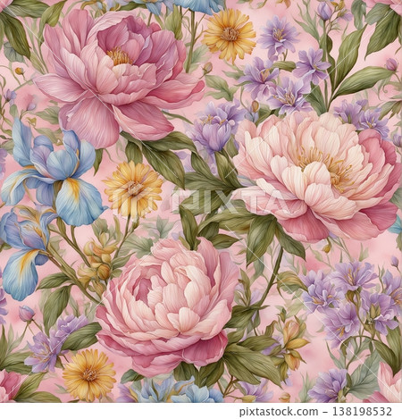 watercolor painting of leaves and flower pattern 138198532