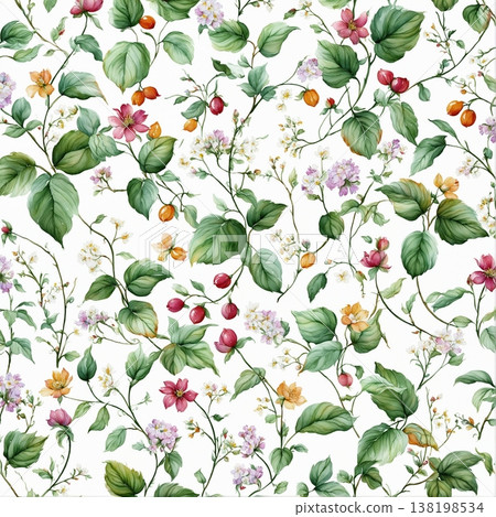 watercolor painting of leaves and flower pattern 138198534