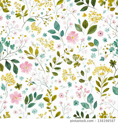 watercolor painting of leaf and flowers pattern 138198587