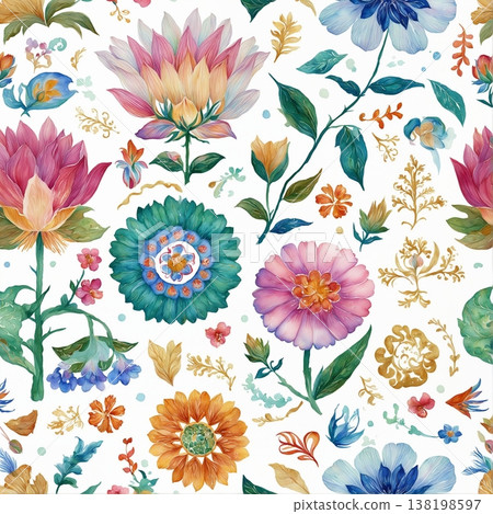 watercolor painting of leaf and flowers pattern watercolor painting of leaf and flowers pattern 138198597
