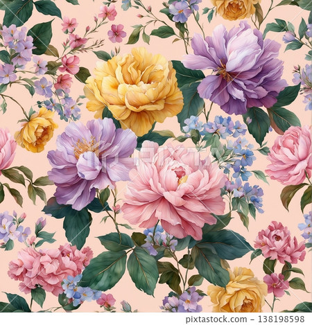 watercolor painting of leaf and flowers pattern 138198598