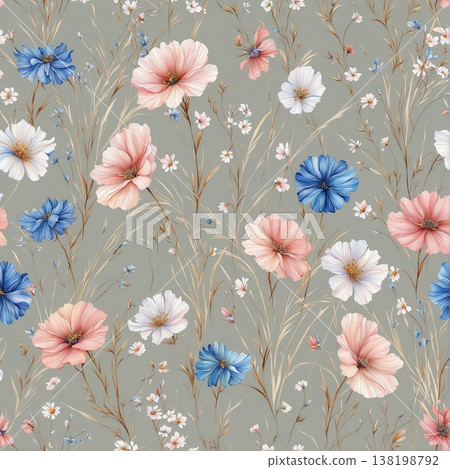 watercolor painting of leaf and flowers pattern 138198792