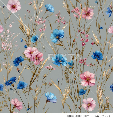 watercolor painting of leaf and flowers pattern 138198794
