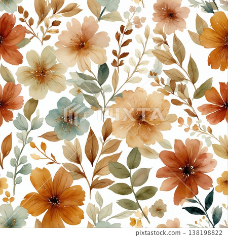 watercolor painting of leaf and flowers pattern 138198822