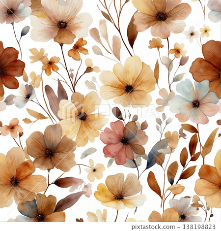 watercolor painting of leaf and flowers pattern 138198823