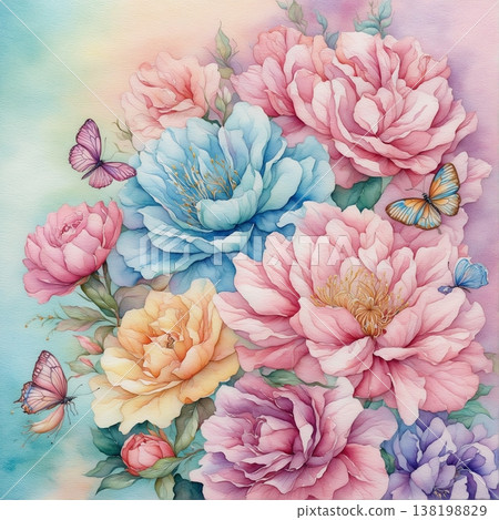 watercolor painting of leaf and flowers pattern 138198829