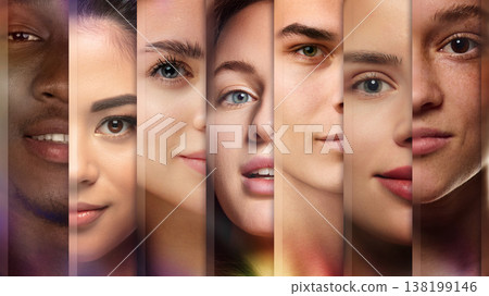 Close up collage of multiple faces from different ethnic groups with natural expressions. Close up collage of multiple faces from different ethnic groups with natural expressions. 138199146