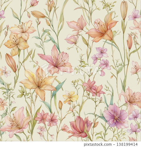 floral pattern with roses and wildflowers floral pattern with roses and wildflowers 138199414