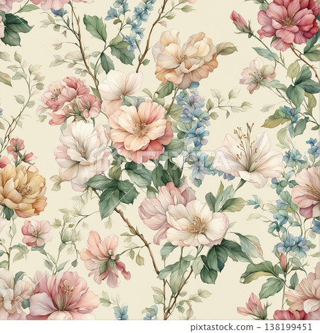 watercolor painting of leaf and flowers pattern watercolor painting of leaf and flowers pattern 138199451