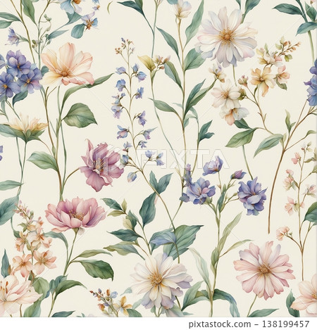watercolor painting of leaf and flowers pattern watercolor painting of leaf and flowers pattern 138199457