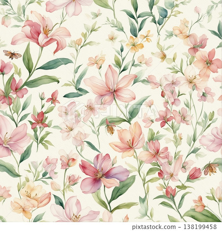 watercolor painting of leaf and flowers pattern watercolor painting of leaf and flowers pattern 138199458