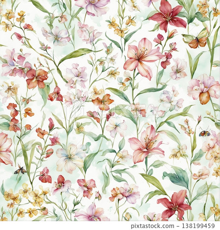 watercolor painting of leaf and flowers pattern watercolor painting of leaf and flowers pattern 138199459