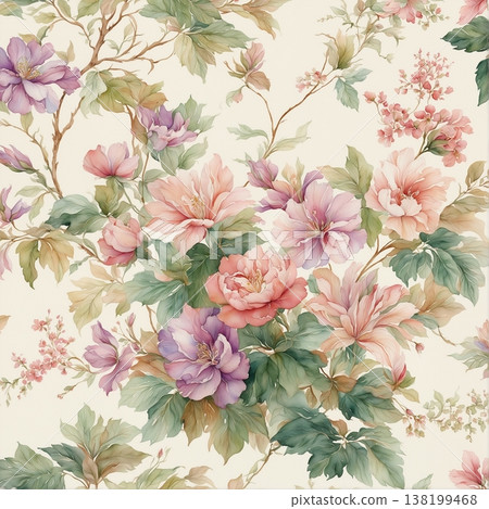 watercolor painting of leaf and flowers pattern watercolor painting of leaf and flowers pattern 138199468